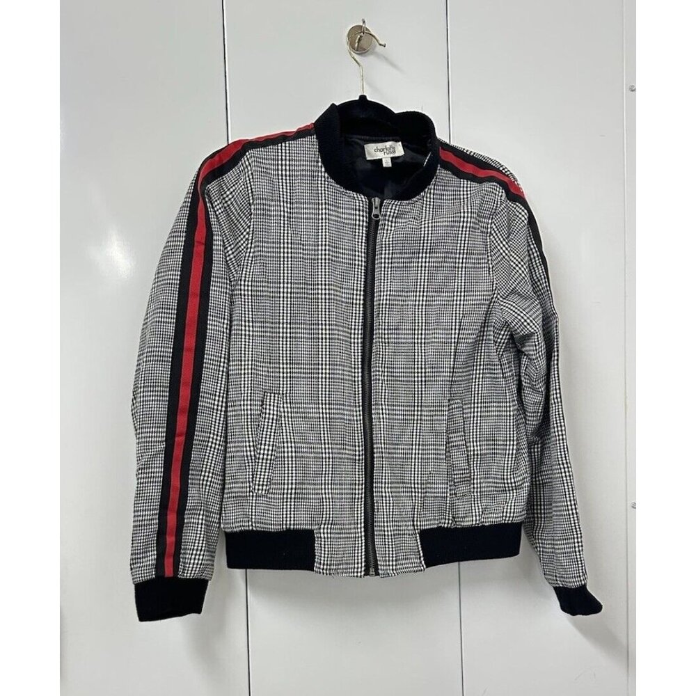 Charlotte Russe Womens L Varsity Jacket Full Zip Houndstooth Plaid Racing Stripe